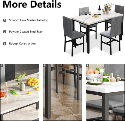 Dining Table Set for 4, 5-Piece Marble DiningTableSet with 4 Velvet Metal Frame Chairs for Kitchen, Bar, Living Room by Anti Spier