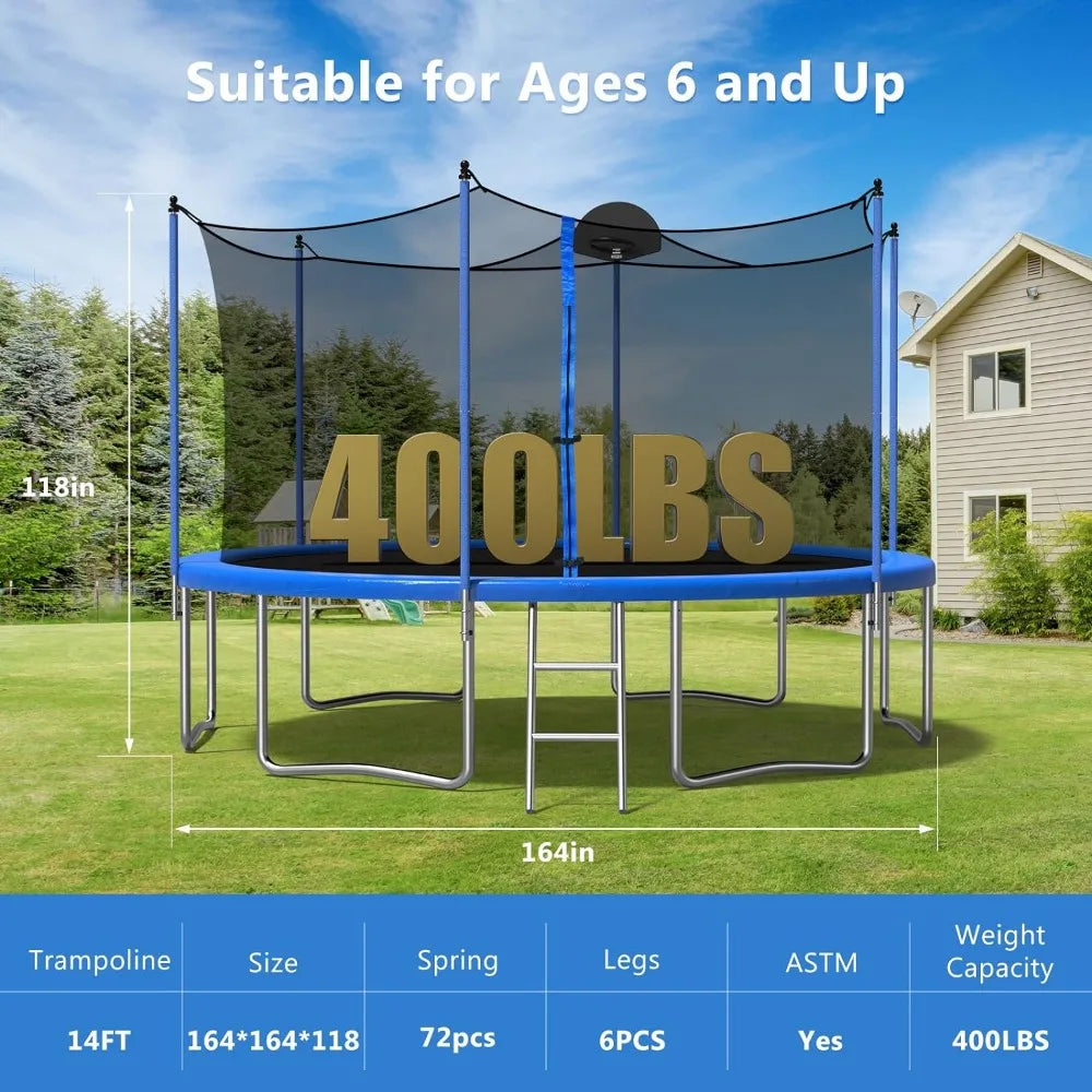 14 FT Outdoor Trampoline for and Adults With Basketball Hoop & Enclosure Net Jump Gym Elastic Bed Protector Trampoline Fitness by Anti Spier
