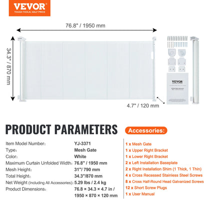 VEVOR Retractable Baby Gate Tall Mesh Baby Gate Extends up to Wide Retractable Gate for Kids or Pets Retractable Dog Gates by Anti Spier