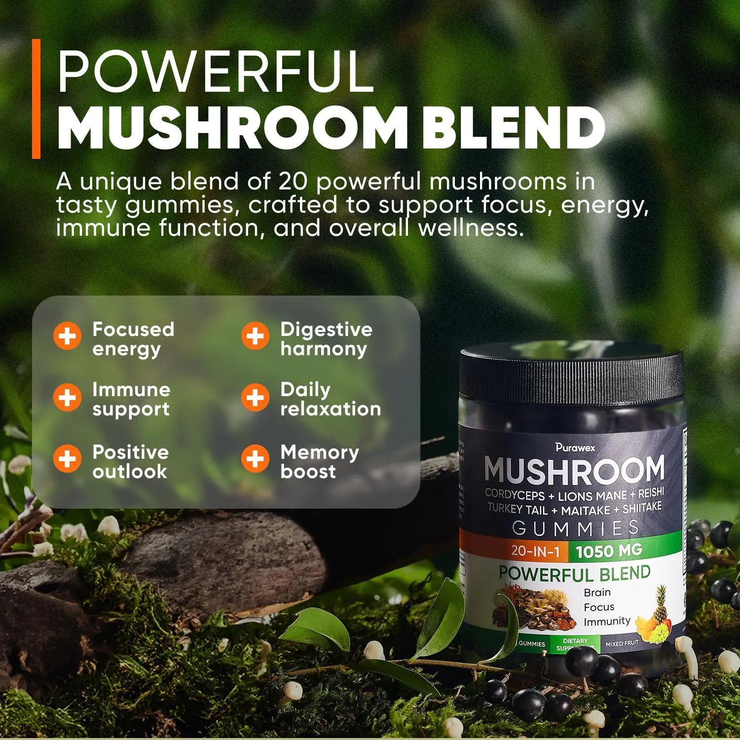 Purawex Mushroom Gummies, 20 in 1 Mushroom Complex 1050 MG, Cordyceps, Reishi, by Anti Spier