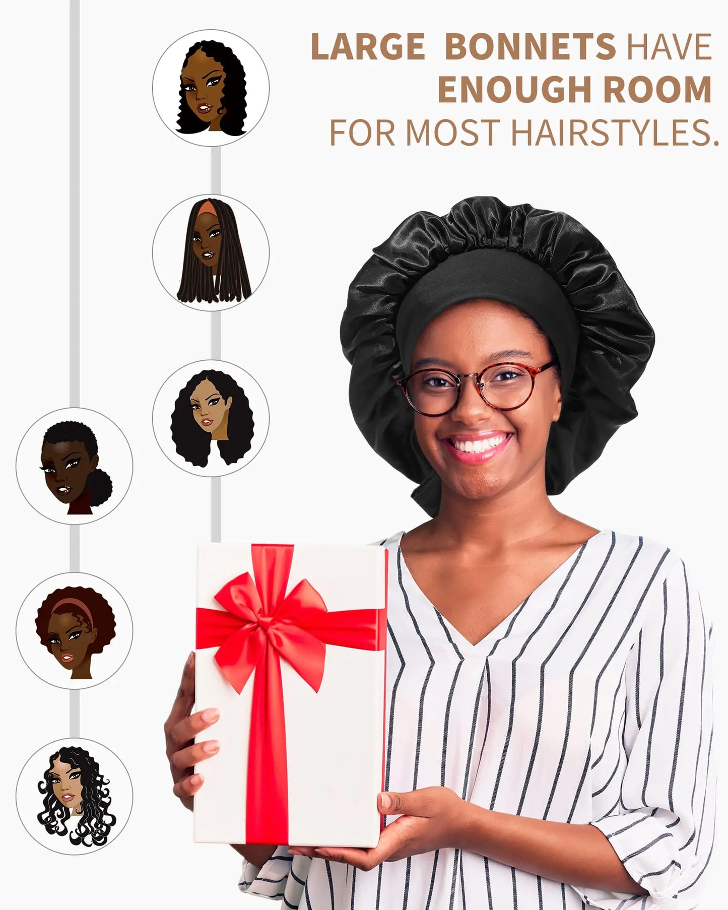 Satin Bonnet for Women Silk Bonnets for Sleeping Curly Hair Bonnet with Tie Band Double Layer Sleep Cap Hair Wrap 7-7 3/8 Black + Red Flower by Anti Spier