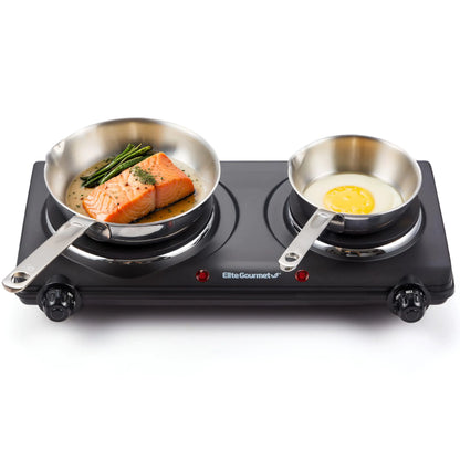Elite Gourmet EDB-302BF# Countertop Double Cast Iron Burner 1500 Watts Electric Hot Plate Temperature Controls Power Indicator Lights Easy to Clean Black by Anti Spier