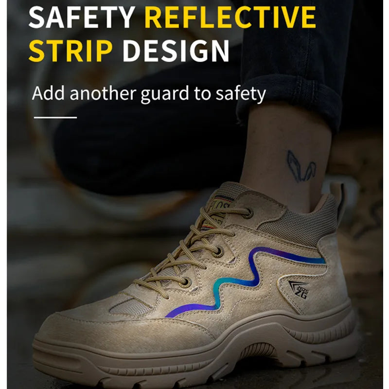 Reflective Strip Design Safety Work Shoes For Men Cow Suede Leather Indestructible Construction Boots Steel Toe Male Footwear by Anti Spier