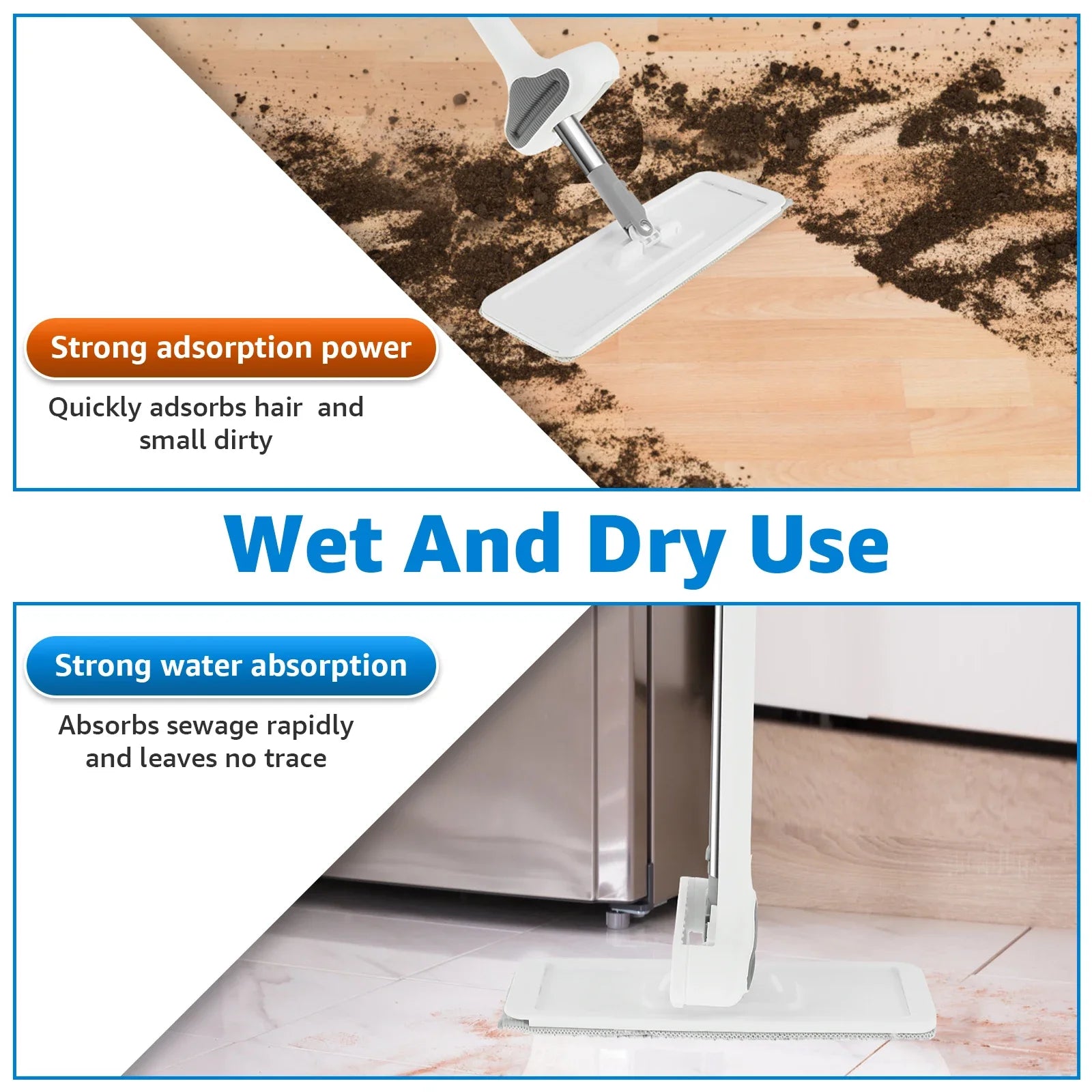Microfiber Flat Mop 360 ° Rotating Flat Floor Mop Self Wringing Dust Mop with Dewatering Scraper for Kitchen Home Cleaning Mop by Anti Spier
