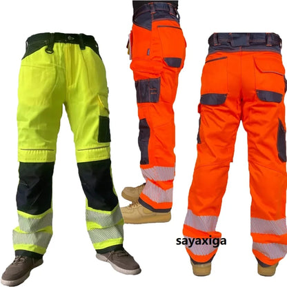 Reflective Stripe Pants Multi Pockets Cotton Construction Work Pants for Men Ouddoor Road Workwear Trousers Safety Cargo Pants by Anti Spier