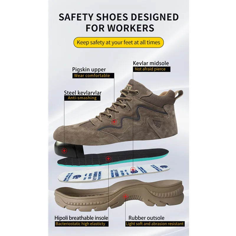 Reflective Strip Design Safety Work Shoes For Men Cow Suede Leather Indestructible Construction Boots Steel Toe Male Footwear by Anti Spier