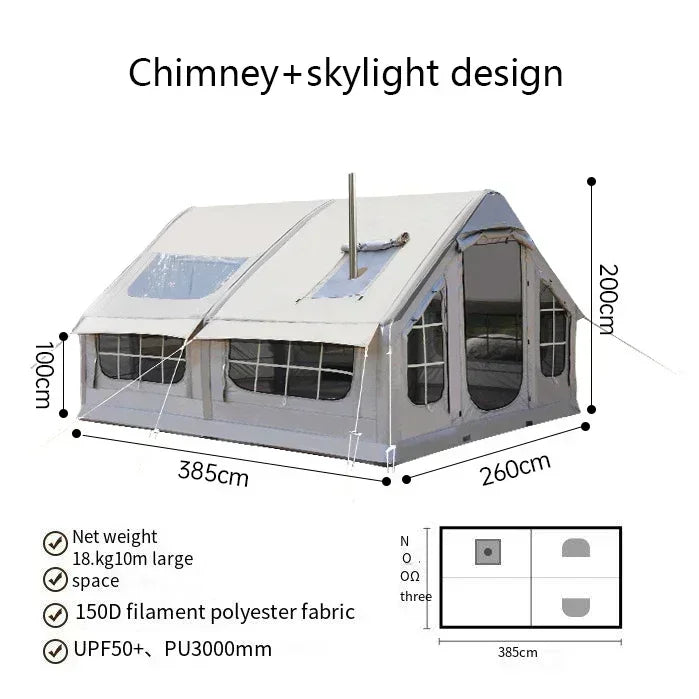 Inflatable camping tent no need to build 10 square meters 6-8 person space chimney design windproof and rainproof by Anti Spier