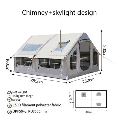 Inflatable camping tent no need to build 10 square meters 6-8 person space chimney design windproof and rainproof by Anti Spier