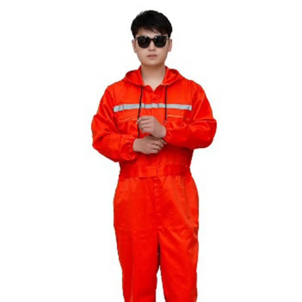 Work Overalls Hooded Drawstring Reflective Zipper Pockets Loose Safety Worker Coveralls Mechcanic Jumpsuit Auto Working Uniform by Anti Spier