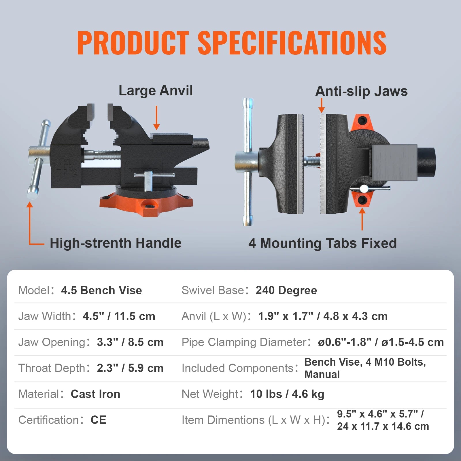 VEVOR Bench Vise 4.5" 6" 6.5" Multipurpose with Swivel Base & Anvil Heavy Duty Cast Iron for Drilling, Conduit Cutting, Sanding by Anti Spier