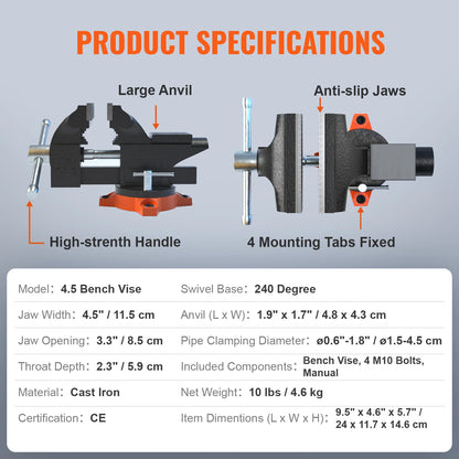 VEVOR Bench Vise 4.5" 6" 6.5" Multipurpose with Swivel Base & Anvil Heavy Duty Cast Iron for Drilling, Conduit Cutting, Sanding by Anti Spier