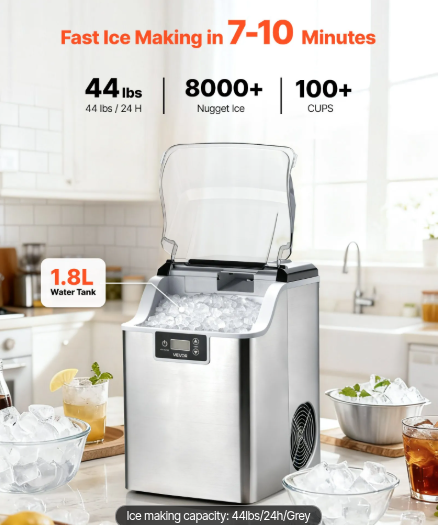 A countertop ice maker machine in a bright kitchen setting, with the lid open and ice visible. Promotional text at the top reads 'Fast Ice Making in 7-10 Minutes' and highlights 44 lbs capacity, 8000+ nuggets, and 100+ cups.