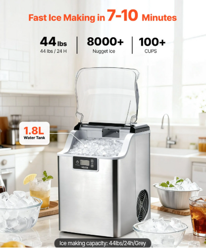A countertop ice maker machine in a bright kitchen setting, with the lid open and ice visible. Promotional text at the top reads 'Fast Ice Making in 7-10 Minutes' and highlights 44 lbs capacity, 8000+ nuggets, and 100+ cups.