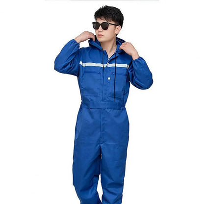 Work Overalls Hooded Drawstring Reflective Zipper Pockets Loose Safety Worker Coveralls Mechcanic Jumpsuit Auto Working Uniform by Anti Spier