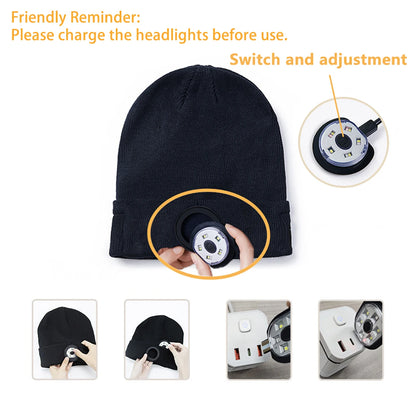 LED Beanie with The Light Unisex USB Rechargeable Headlamp Winter Knitted Cap Gifts For Men Dad Father USB Rechargeable Caps by Anti Spier
