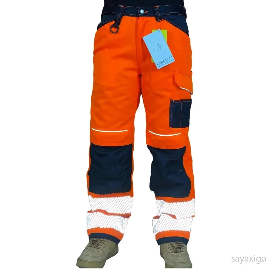 Reflective Stripe Pants Multi Pockets Cotton Construction Work Pants for Men Ouddoor Road Workwear Trousers Safety Cargo Pants by Anti Spier