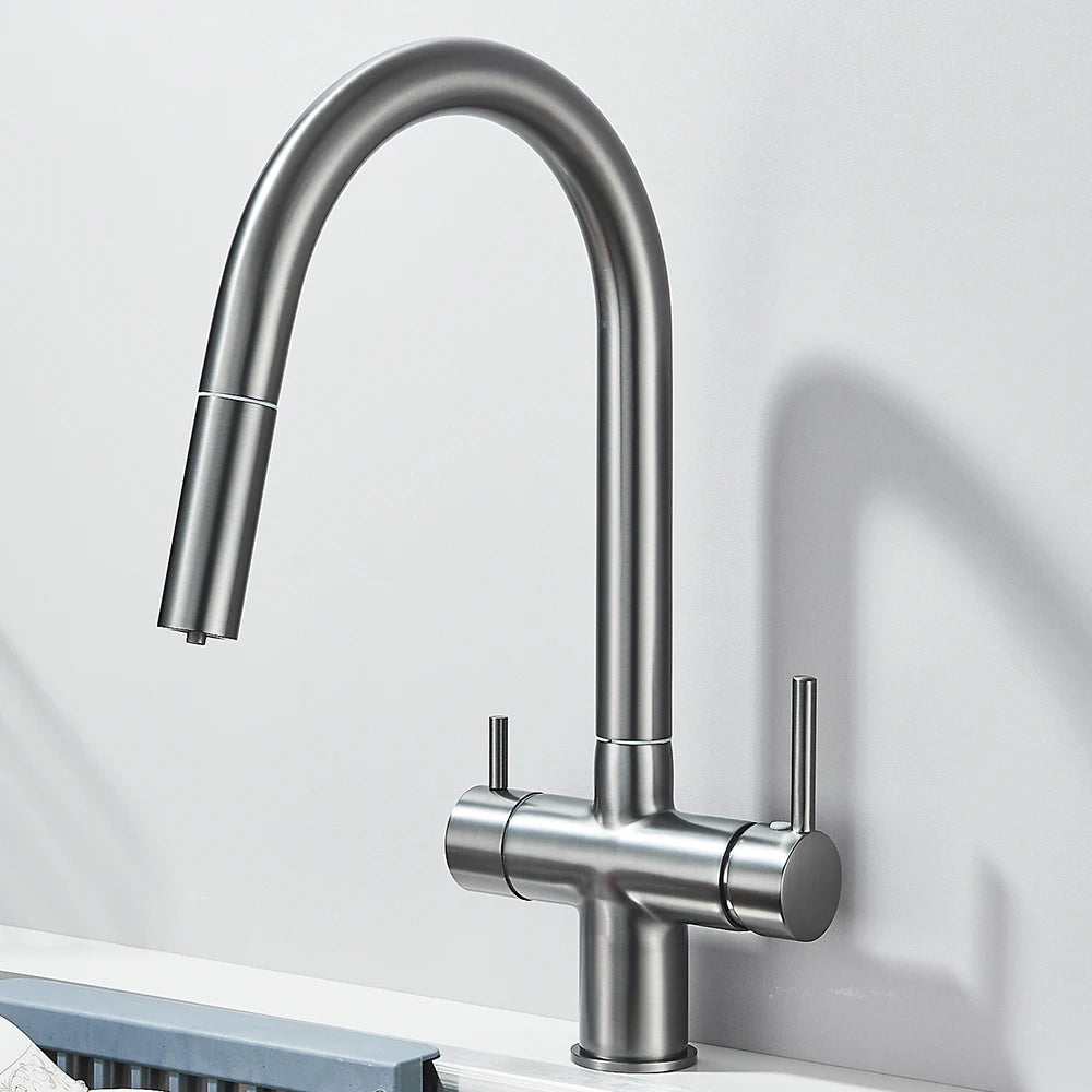Filtered Kitchen Sink Faucet With Retractable Sprayer Brass Water Filter Tap Drinking Water Tap Vessel Sink Mixer For Kitchen by Anti Spier