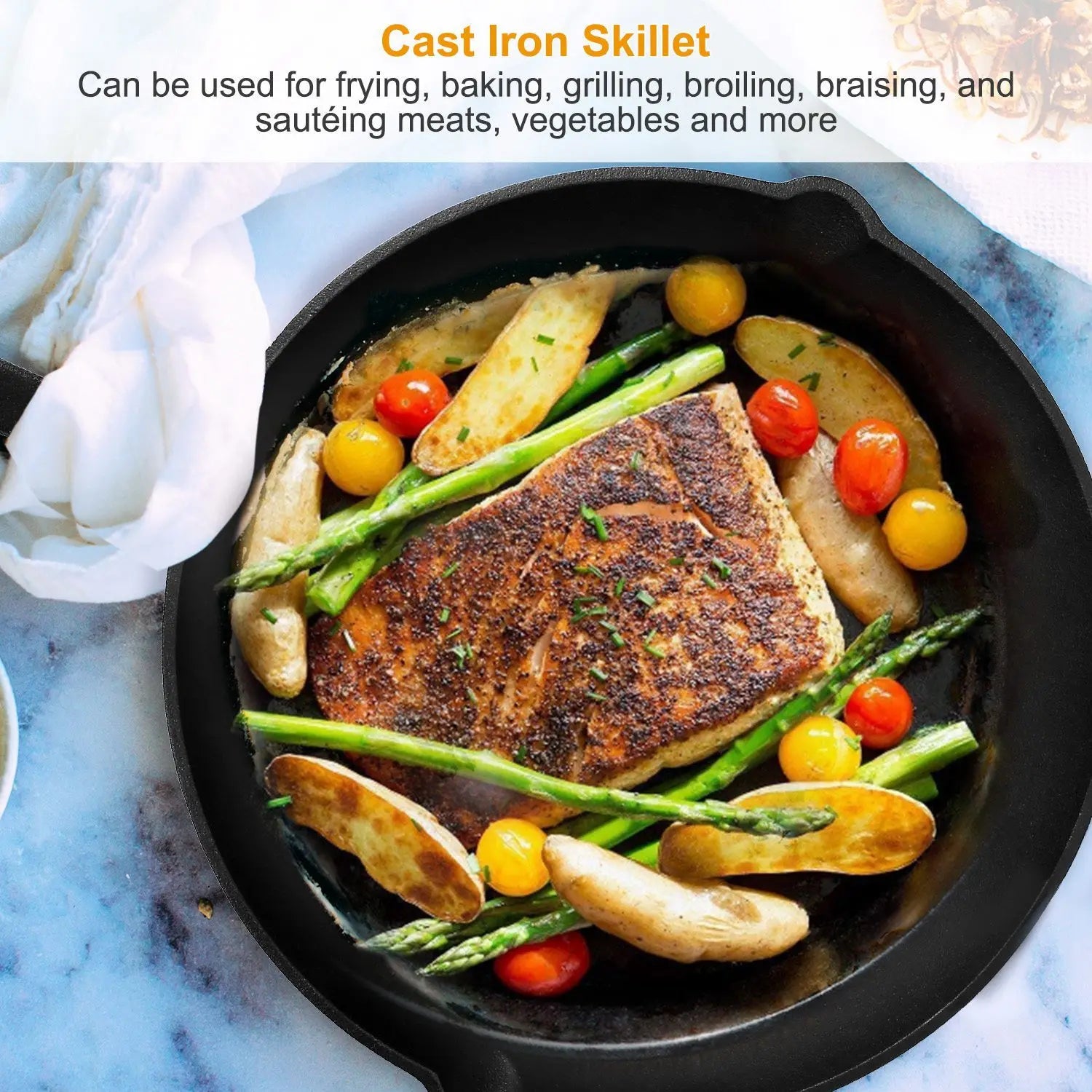 3Pcs Pre-Seasoned Cast Iron Skillet Set 6/8/10in Non-Stick Oven Safe Cookware Heat-Resistant Frying Pan by Anti Spier