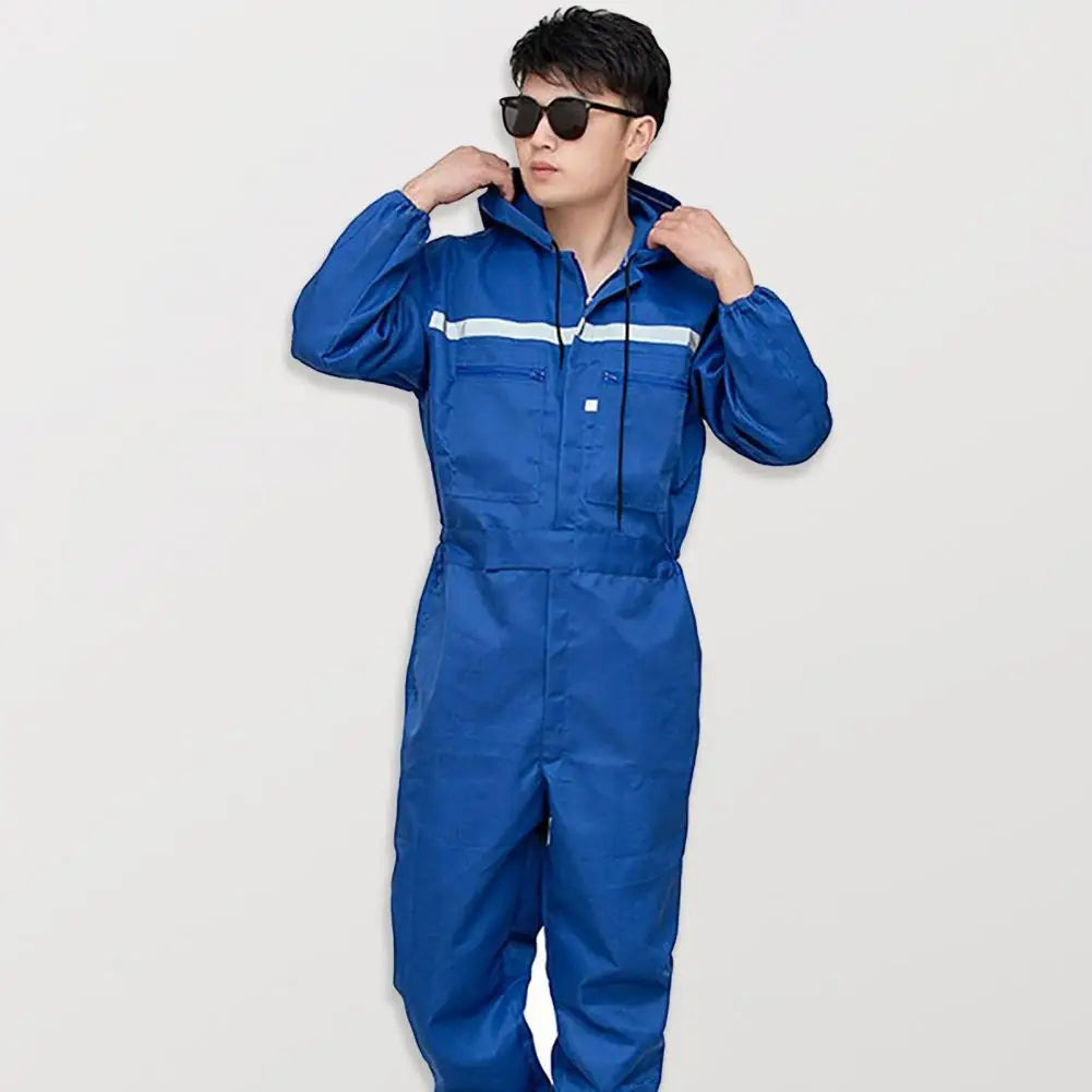 Work Overalls Hooded Drawstring Reflective Zipper Pockets Loose Safety Worker Coveralls Mechcanic Jumpsuit Auto Working Uniform by Anti Spier