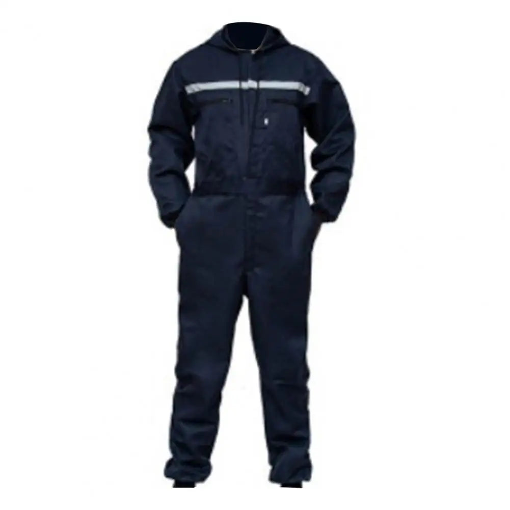 Work Overalls Hooded Drawstring Reflective Zipper Pockets Loose Safety Worker Coveralls Mechcanic Jumpsuit Auto Working Uniform by Anti Spier