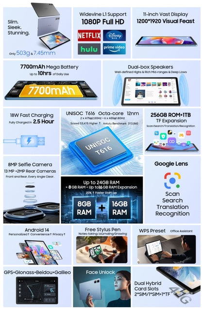 Blackview TAB16 PRO, Android 14 Unlocked Tablet 11 inch, 24GB(8+16) RAM+256GB ROM 7700mAh-18W WIFI GPS 4G calling tablet by Anti Spier