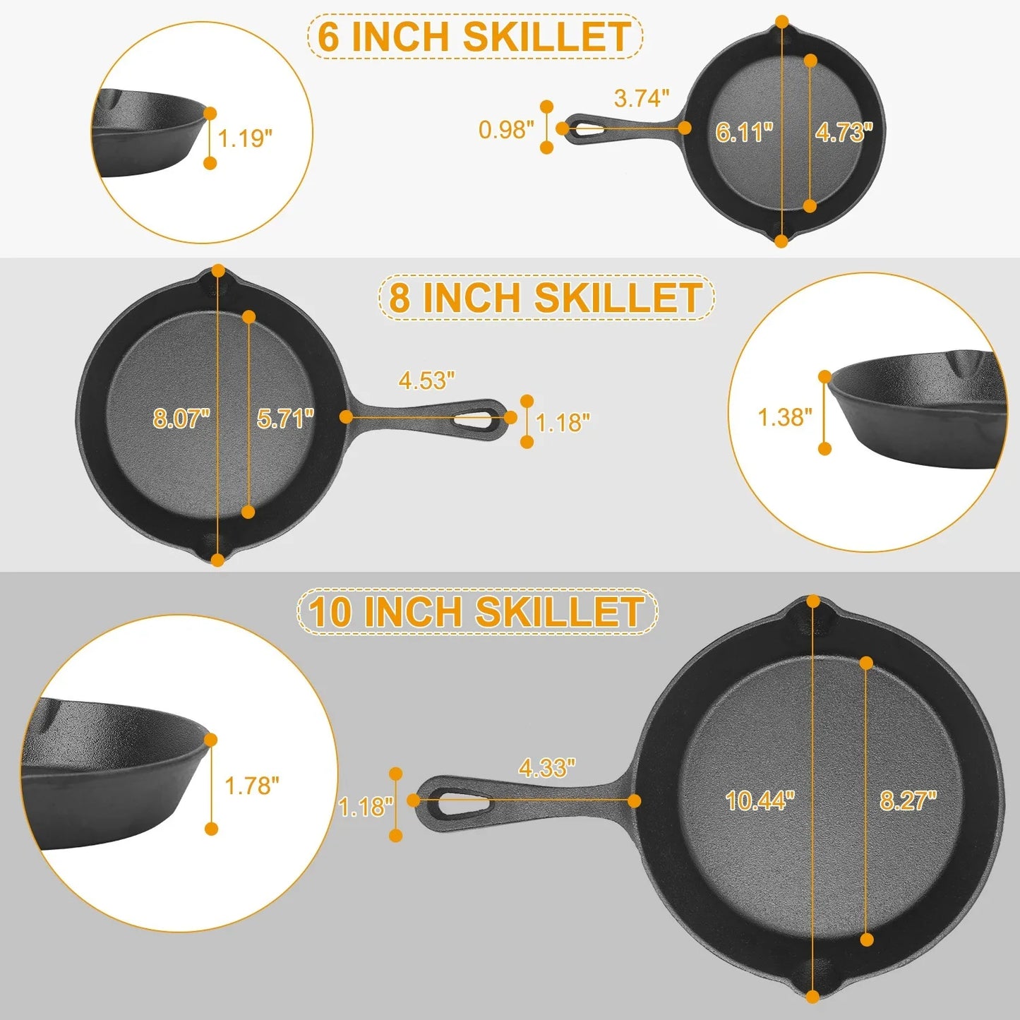 3Pcs Pre-Seasoned Cast Iron Skillet Set 6/8/10in Non-Stick Oven Safe Cookware Heat-Resistant Frying Pan by Anti Spier
