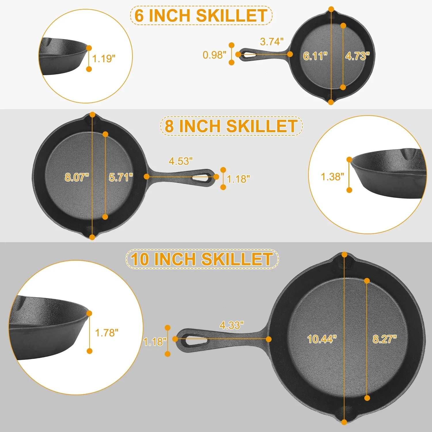 3Pcs Pre-Seasoned Cast Iron Skillet Set 6/8/10in Non-Stick Oven Safe Cookware Heat-Resistant Frying Pan by Anti Spier
