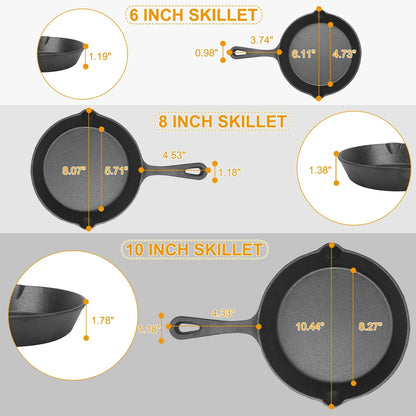 3Pcs Pre-Seasoned Cast Iron Skillet Set 6/8/10in Non-Stick Oven Safe Cookware Heat-Resistant Frying Pan by Anti Spier
