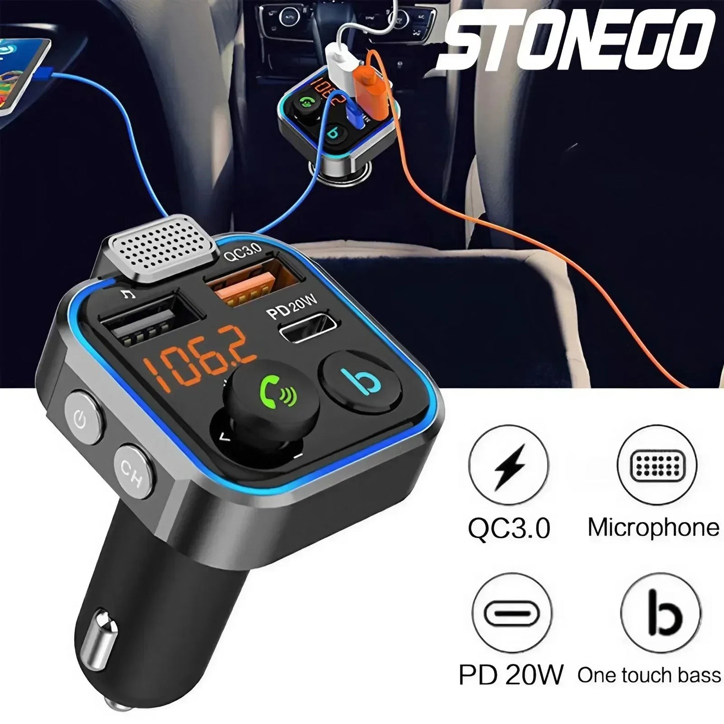 Bluetooth 5.0 FM Transmitter Car Kit - Wireless Hands-Free MP3 Player, Dual USB Quick Charger, PD 20W + QC 3.0, Car Audio Receiv by Anti Spier
