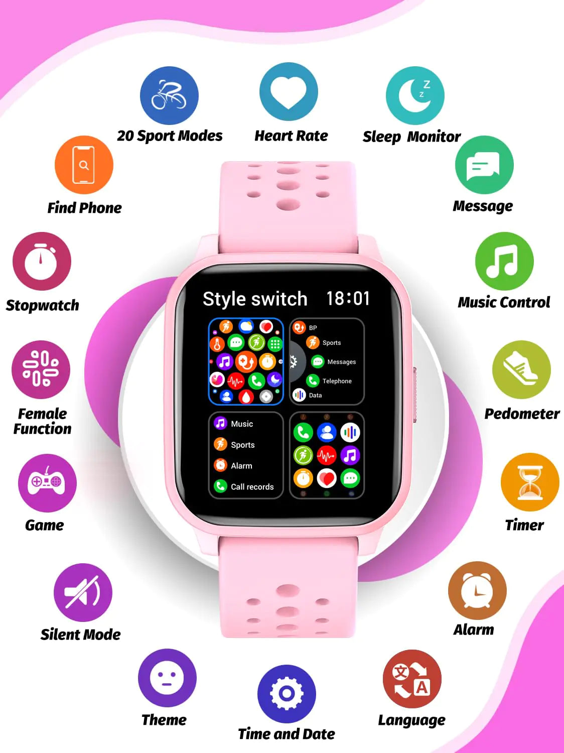Kids Smart Watch Girls Boys, Smart Watch for Kids Game Smart Watch Gifts for 4-16 Years Old with Sleep Mode 20 Sports Modes 5 Games Pedometer Birthday Gift for Boys Girls (Pink) Pink by Anti Spier
