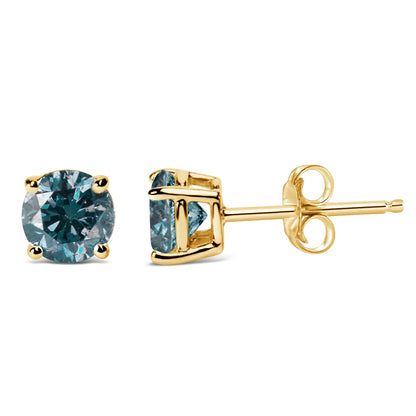 14K Gold Round Brilliant Cut Lab Grown Blue Diamond 4-Prong Classic Solitaire Stud Earrings with Pushbacks by Anti Spier