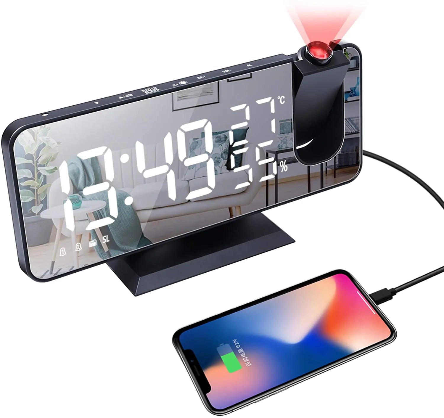 LED Projection Digital Alarm Clock Phone Charger by Anti Spier