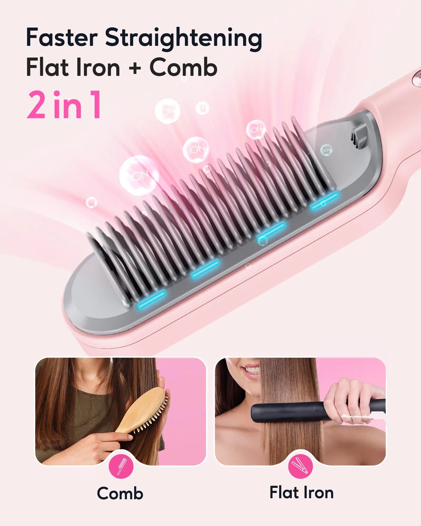 Wavytalk Hair Straightener Brush, Ionic Hair Straightening Comb for Women, Anti-Scald Ceramic Straightening Brush Fast Heating for Home Salon, Dual Voltage Pink. by Anti Spier