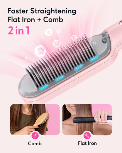 Wavytalk Hair Straightener Brush, Ionic Hair Straightening Comb for Women, Anti-Scald Ceramic Straightening Brush Fast Heating for Home Salon, Dual Voltage Pink. by Anti Spier