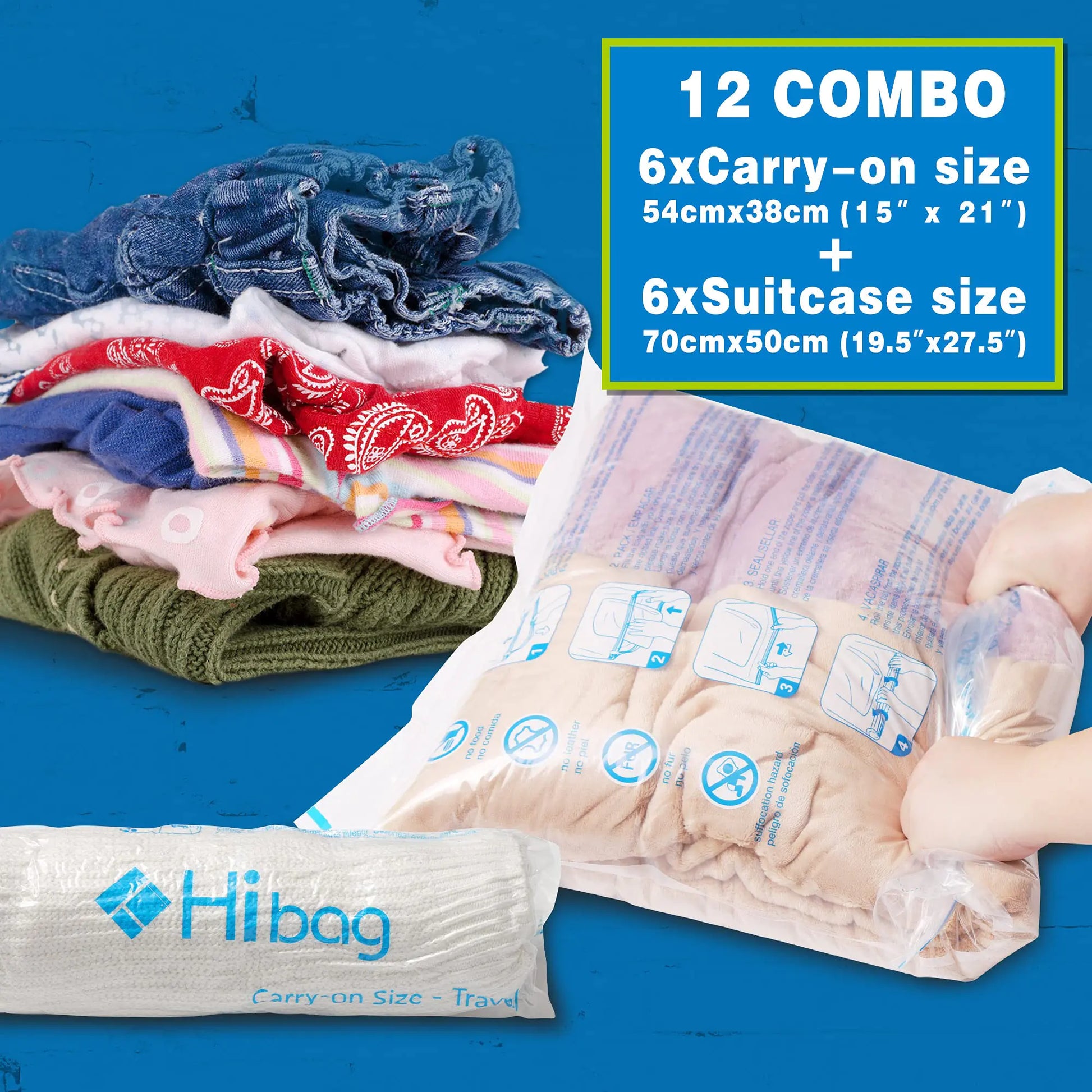 HIBAG 12 Compression Bags for Travel, Travel Essentials Compression Bags, Vacuum Packing Space Saver Zipper Bags for Cruise Travel Accessories (12-Travel) by Anti Spier