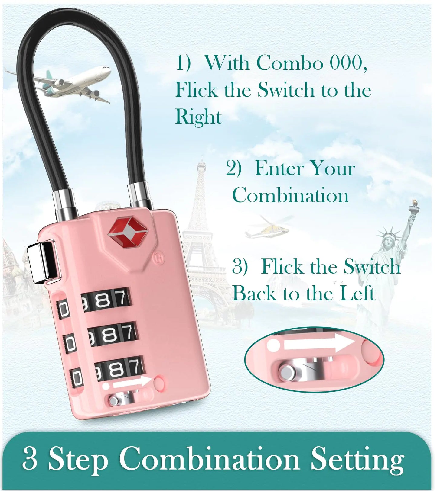 Search Alert TSA Approved Travel Combination Luggage Cable Locks for Suitcase, Gym Locker,Toolbox,Backpack 1,2,4,6 &10 pk Pink 2 Pack by Anti Spier