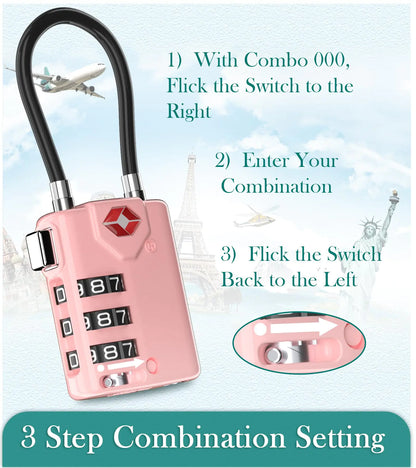 Search Alert TSA Approved Travel Combination Luggage Cable Locks for Suitcase, Gym Locker,Toolbox,Backpack 1,2,4,6 &10 pk Pink 2 Pack by Anti Spier