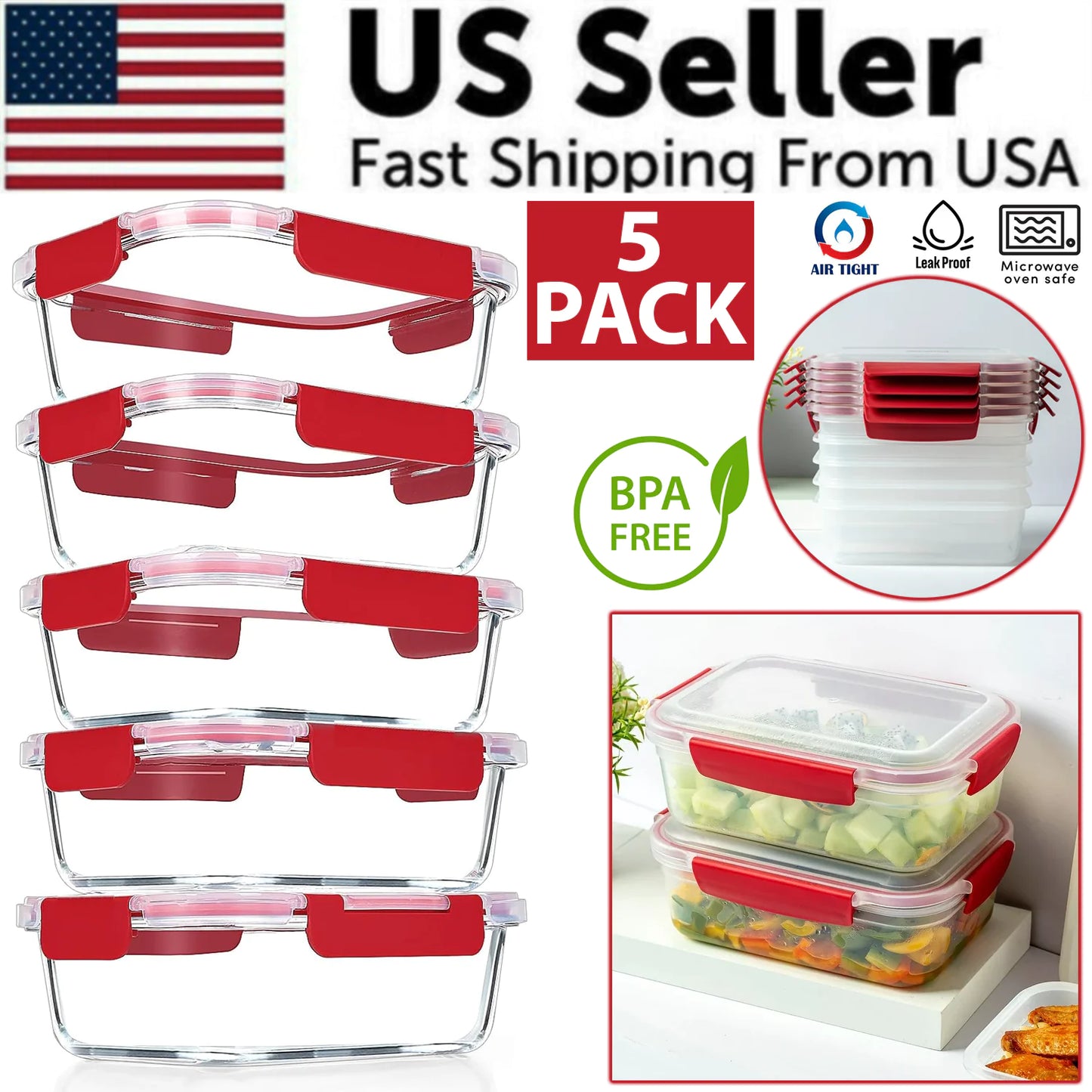 5 Pack Stackable Food Storage Containers Airtight & Leakproof Set Snap Lock Lids by Anti Spier
