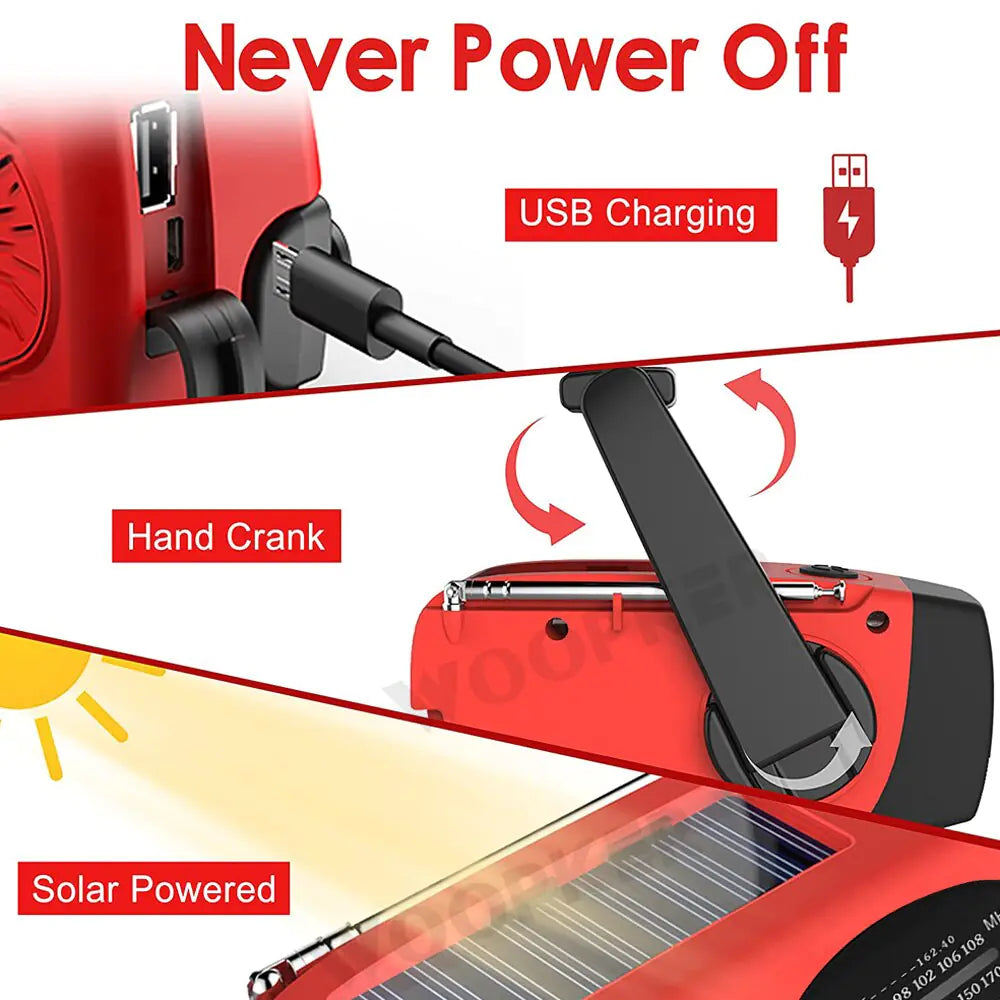 Emergency Radio with Flashlight — Solar, Hand Crank & USB Powered by Anti Spier