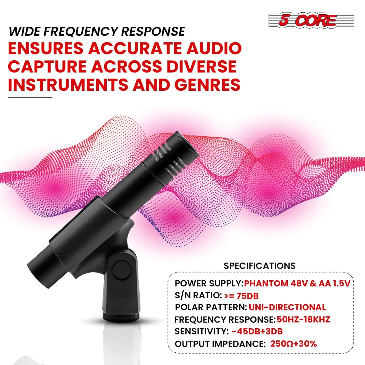 5Core Dynamic Instrument Microphone Professional XLR Cardioid Pencil Stick Condenser Mic by Anti Spier