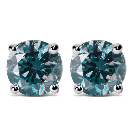 14K Gold Round Brilliant Cut Lab Grown Blue Diamond 4-Prong Classic Solitaire Stud Earrings with Pushbacks by Anti Spier