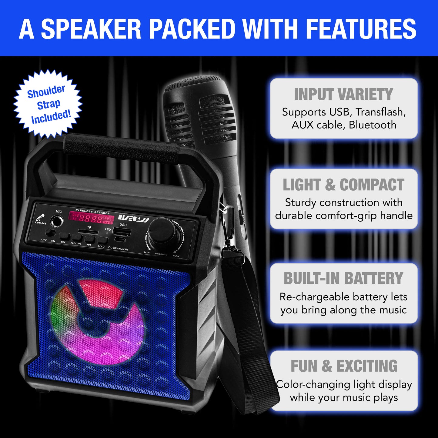 Risebass Portable Karaoke Machine with Microphone - Home Karaoke System with Party Lights for Kids and Adults - Rechargeable USB Speaker Set with FM Radio, SD/TF Card Support, and AUX-in by Anti Spier
