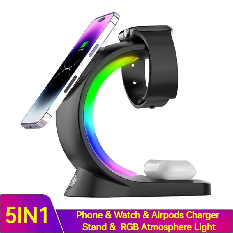 4 In 1 Magnetic Wireless Charger Fast Charging For Smart Phone Atmosphere Light Charging Station For Airpods Pro I-phone Watch by Anti Spier