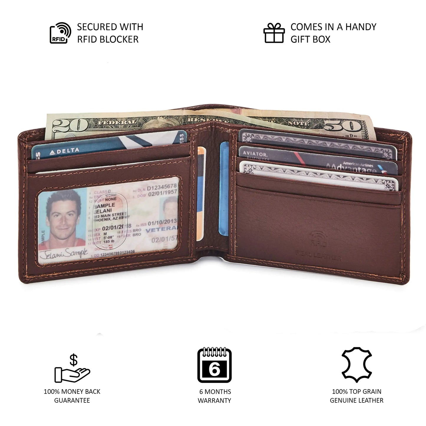 Real Leather Mens Bifold Wallet RFID Blocking Slim Minimalist Front Pocket - Thin & Stylish with ID Window in Gift Box (Nappa, Cognac) Cognac Nappa by Anti Spier