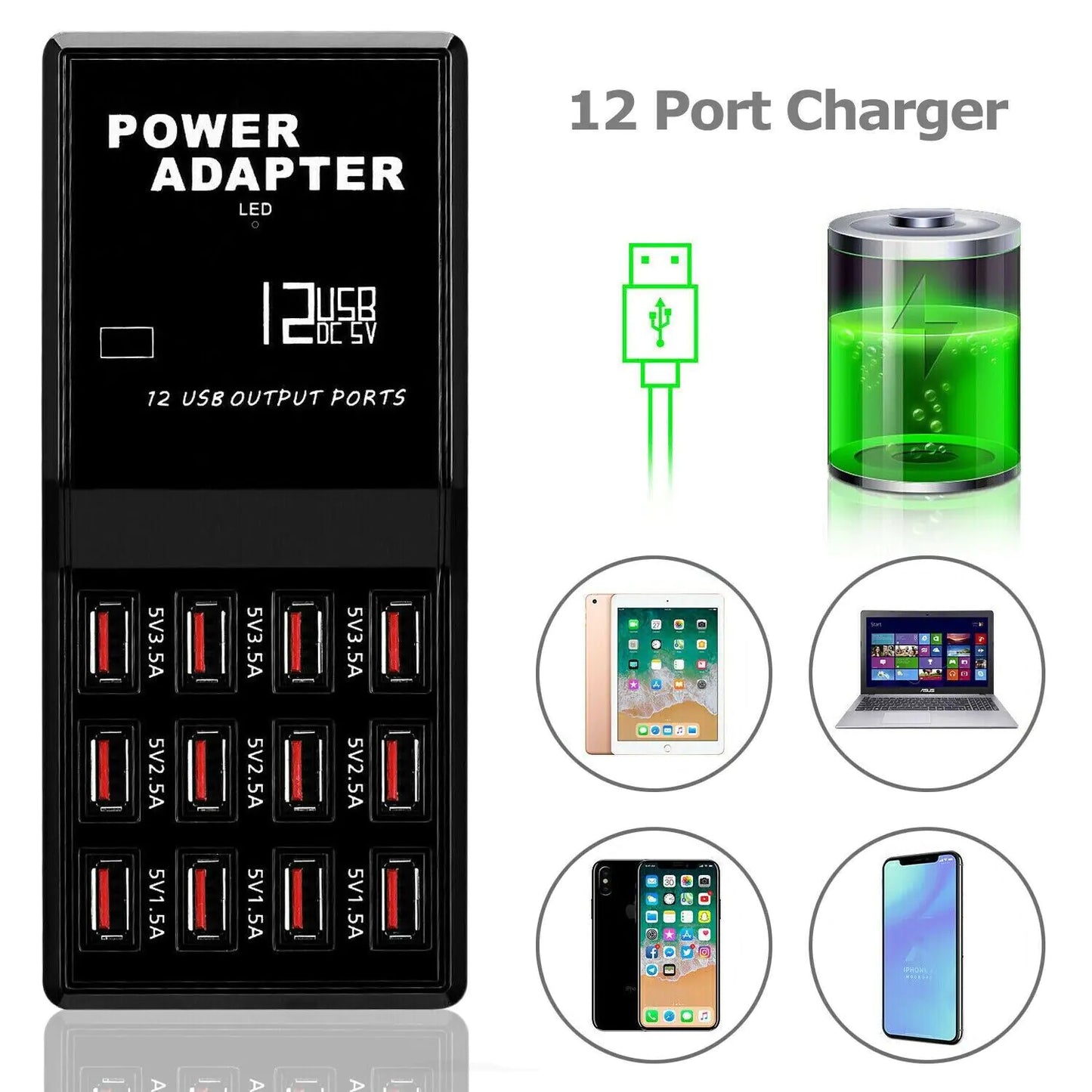 Multi 12 Port USB Charging Station Hub Desktop Wall Cell Phone Charger Organizer by Anti Spier