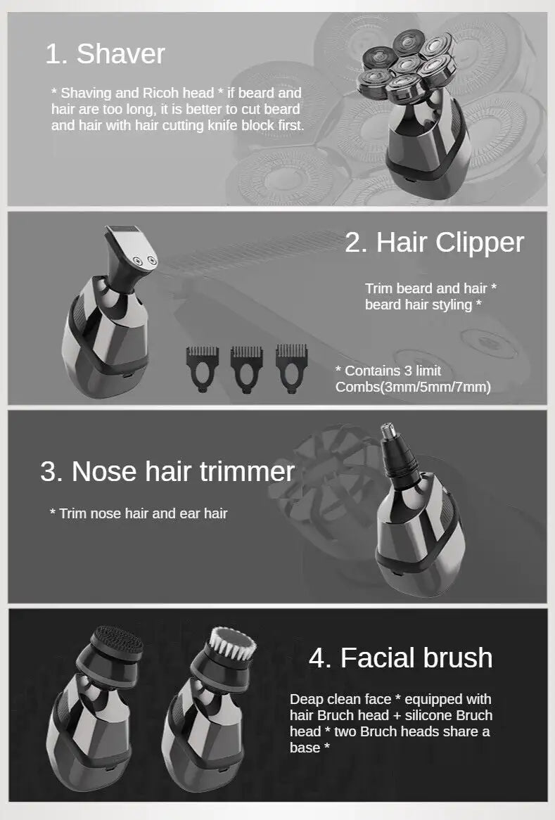 7D Cordless Shaver Hair Trimmer Men’s 5-In-1 Electric Head Shaver Razor Men Wet by Anti Spier