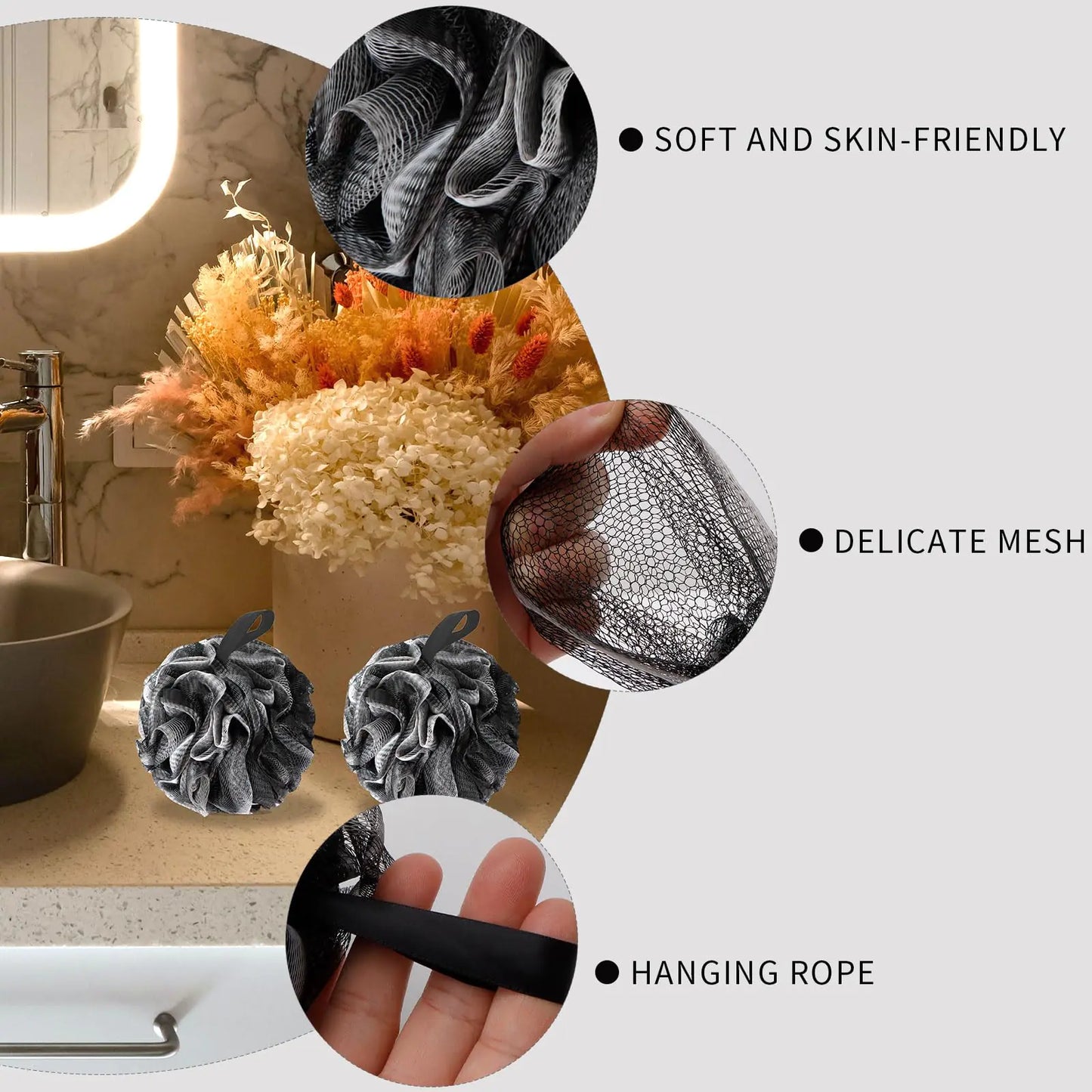 Bath Loofah Shower Sponge Body Back Scrubber Soft Mesh Shower Puffs Exfoliating Loofa for Women & Men Bath Accessories Cleaning Tool (4Pack 60G Black, Charcoal Black) 1 Count (Pack of 4) by Anti Spier