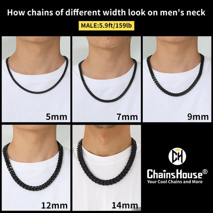 ChainsHouse Stainless Steel Mens Cuban Link Chain, Black/18K Gold Miami Cuban Chain Necklace, 5/7/9mm/12mm Width, No Tarnish& Durable Hip Hop Mens Jewelry, 18"-30", Send Gift Box 20 inches d. 12mm width-black by Anti Spier