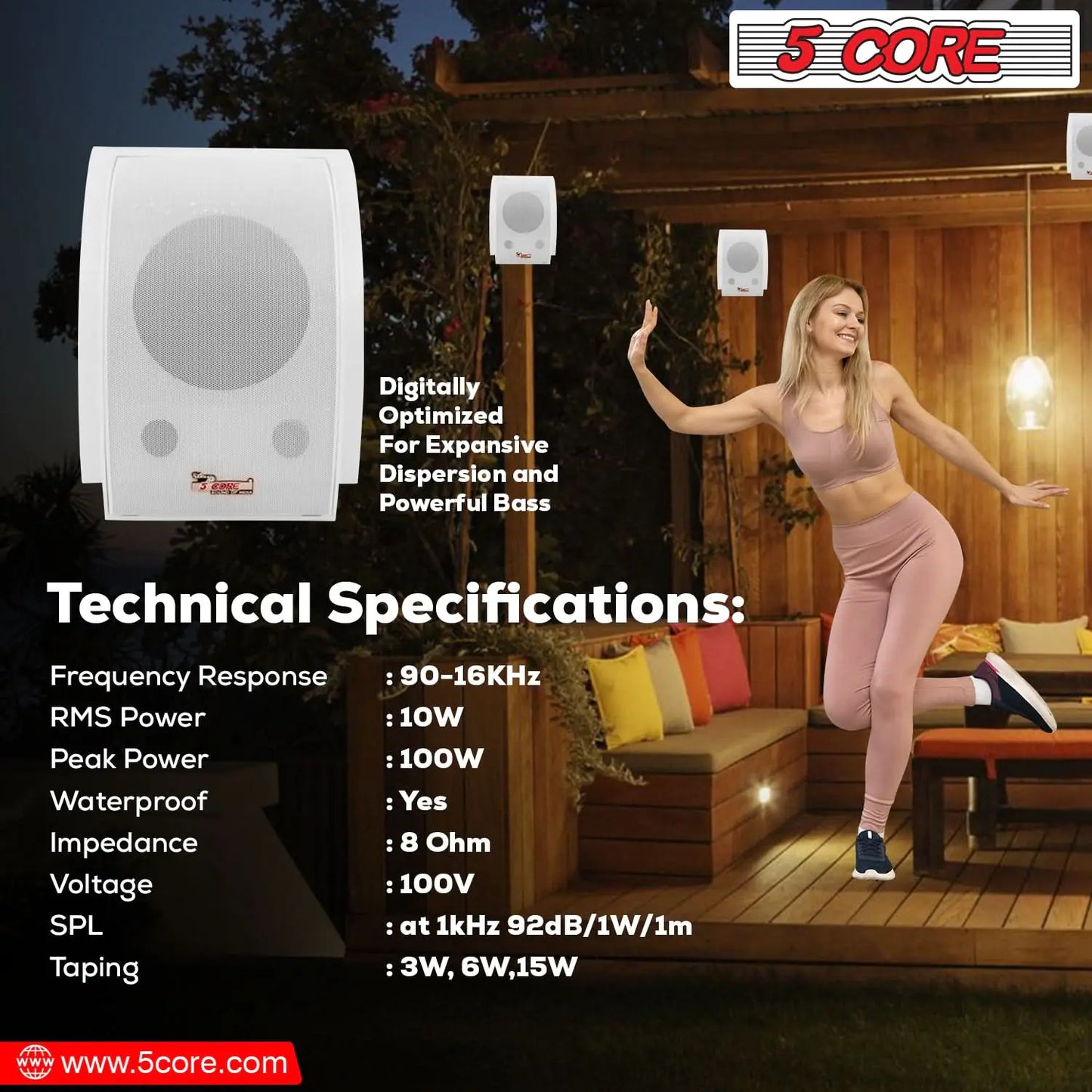 5Core Outdoor Speakers Stereo In Wall 100W Peak Passive Home Audio System by Anti Spier