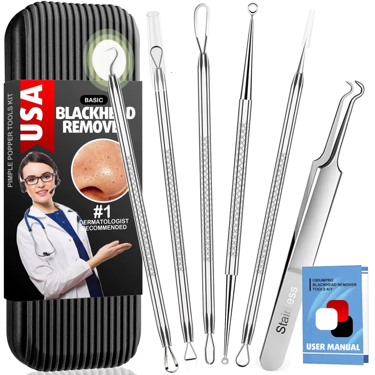 Cbiumpro Blackhead Remover Tools, Pimple Popper Tool Kit, Blackhead Extractor Tool, Zit Popper Tool, Professional Pimple Extractor Tool for Blackhead, Acne, Whitehead, Comedone on Nose - with Case Pimple Popper Tools 6 Pack - Cool Black by Anti Spier